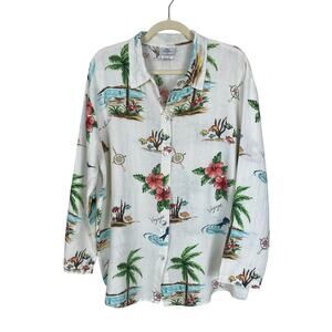 Hot Cotton Linen Beach Themed Button Down Shirt Size L Resort Vacation Travel